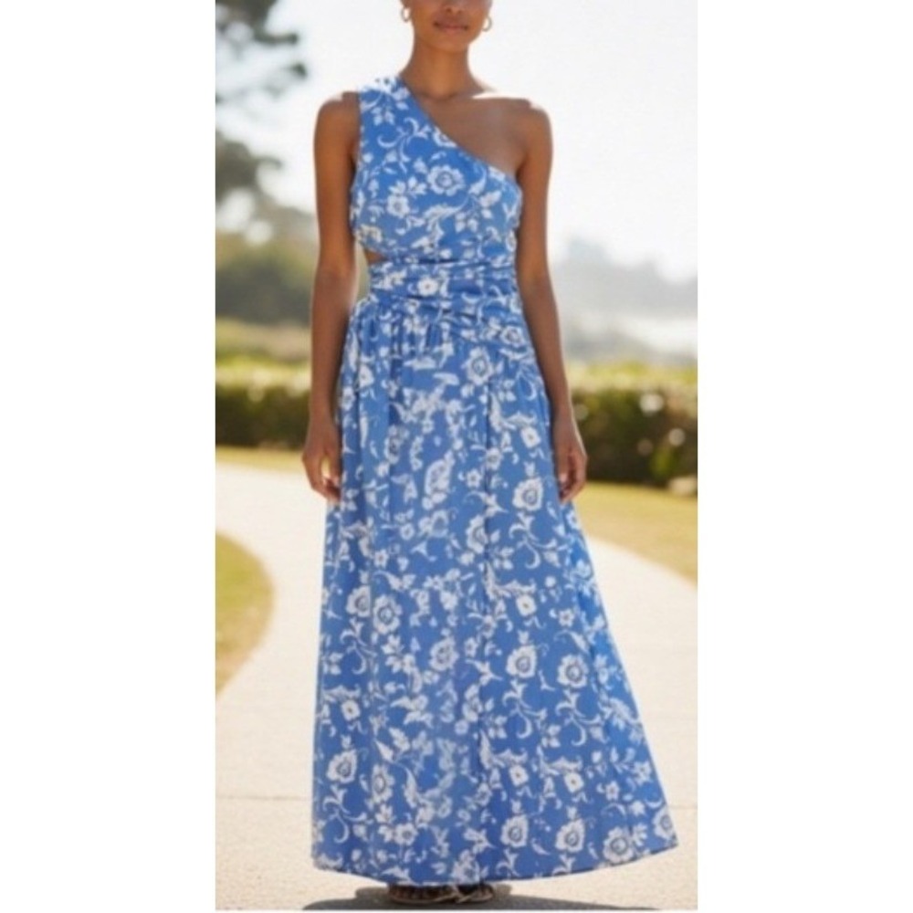 NWOT Abercrombie & Fitch Blue Floral One Shoulder Cutout Maxi Dress SP Pockets